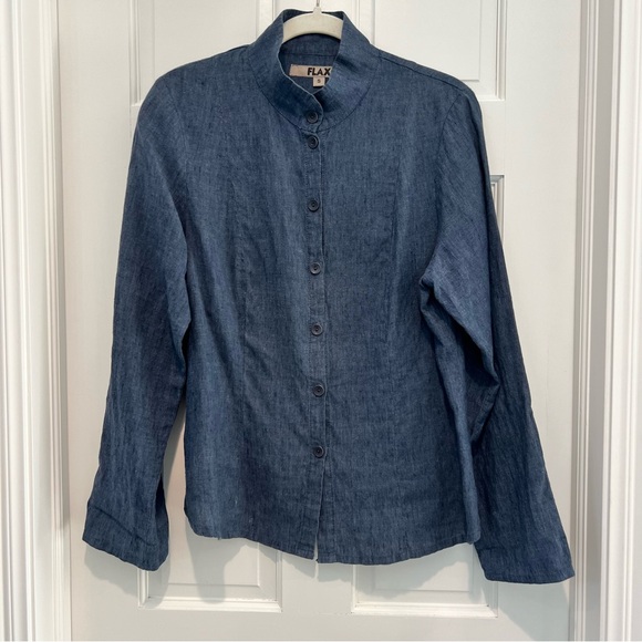 Flax 100% Linen Button Front Top Small Navy Blue Long Sleeve Mandarin Collar - Picture 2 of 6